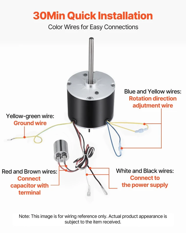 Alt view image 5 of 8 - VEVOR Condenser Fan Motor with Capacitor, 1/3HP 1075RPM 208-230V, Compatible with GE Genteq K55HXGDD-81195 5KCP39GGY209AS, Fasco D925 D7908, Dayton EM3729F, Century FSE1036SV1, Rheem Ruud 51-100998-05