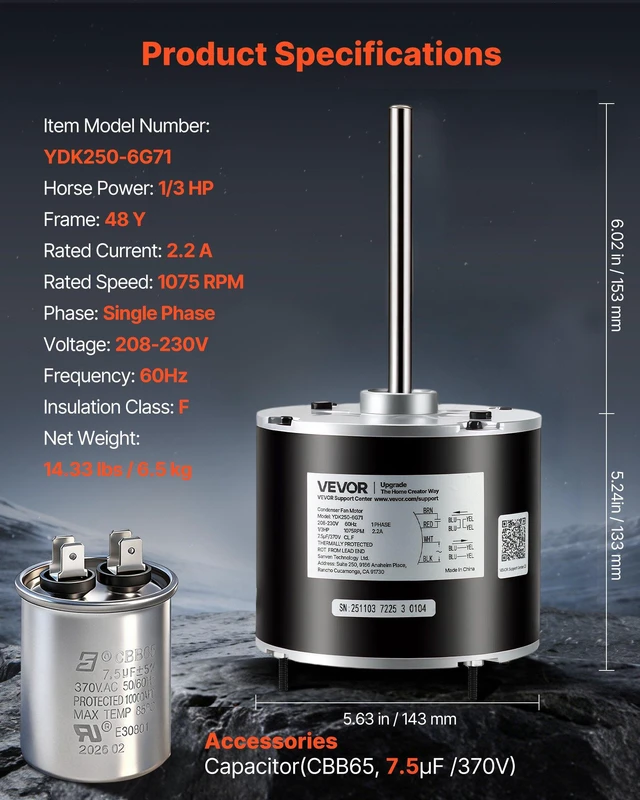 Alt view image 7 of 8 - VEVOR Condenser Fan Motor with Capacitor, 1/3HP 1075RPM 208-230V, Compatible with GE Genteq K55HXGDD-81195 5KCP39GGY209AS, Fasco D925 D7908, Dayton EM3729F, Century FSE1036SV1, Rheem Ruud 51-100998-05