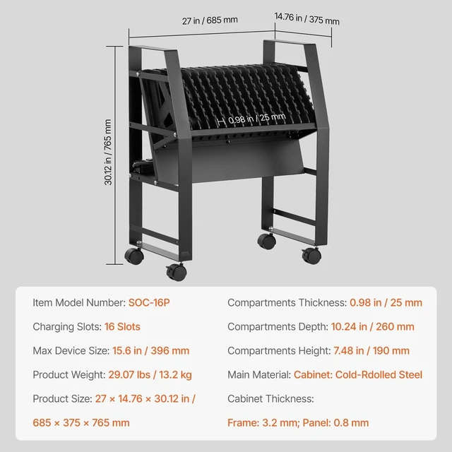 Alt view image 7 of 8 - VEVOR Charging Cart, 16 Device Mobile Open Charging Station, Up to 15.6 in Screen Size, Office and Classroom Mobile Charging Cart, for Chromebook, Tablet and Laptop
