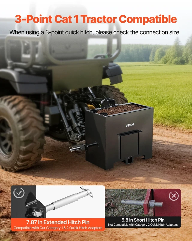 Alt view image 2 of 8 - VEVOR Ballast Box, 3-Point Category 1 Tractor Ballast of 800 lbs Capacity, with Standard 2 Inch Hitch Receiver, Heavy-Duty Steel 3.2 ft³ Large Volume Durable Loader Attachment with Sliding Door, Black