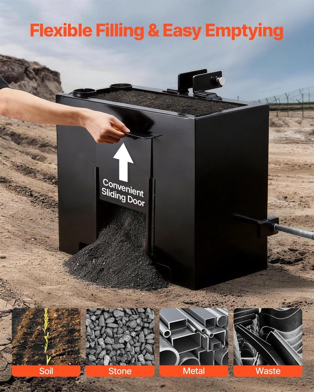 Alt view image 5 of 8 - VEVOR Ballast Box, 3-Point Category 1 Tractor Ballast of 800 lbs Capacity, with Standard 2 Inch Hitch Receiver, Heavy-Duty Steel 3.2 ft³ Large Volume Durable Loader Attachment with Sliding Door, Black