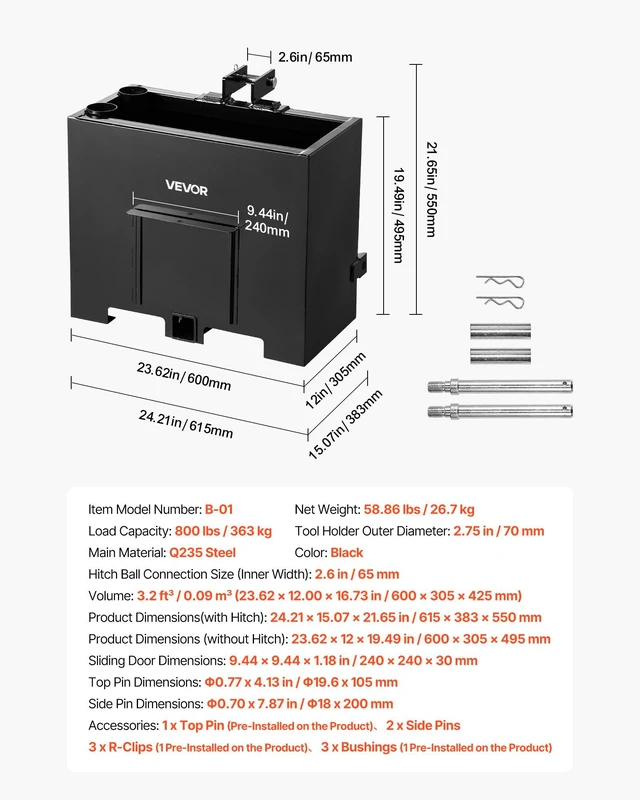 Alt view image 7 of 8 - VEVOR Ballast Box, 3-Point Category 1 Tractor Ballast of 800 lbs Capacity, with Standard 2 Inch Hitch Receiver, Heavy-Duty Steel 3.2 ft³ Large Volume Durable Loader Attachment with Sliding Door, Black