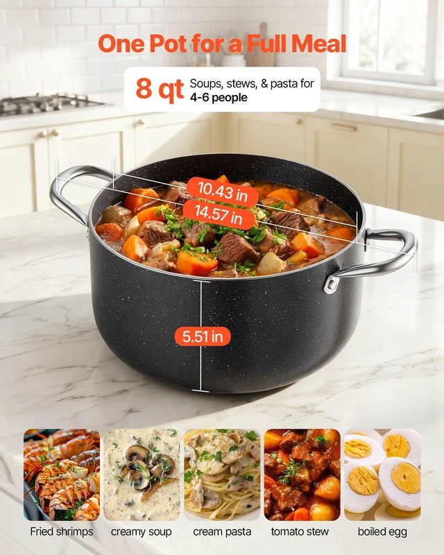 Alt view image 5 of 8 - VEVOR Aluminum Stock Pot, 8-Quart Nonstick Ceramic Coated Pot with Glass Lid, PFOA-Free, PFAS-Free, Compatible with Gas Stoves, Induction Cooktops, Electric Stoves, for Soups, Stews, and Pasta