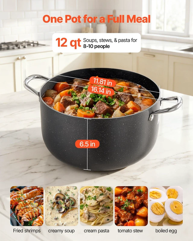 Alt view image 5 of 8 - VEVOR Aluminum Stock Pot, 12-Quart Nonstick Ceramic Coated Pot with Glass Lid, PFOA-Free, PFAS-Free, Compatible with Gas Stoves, Induction Cooktops, Electric Stoves, for Soups, Stews, and Pasta