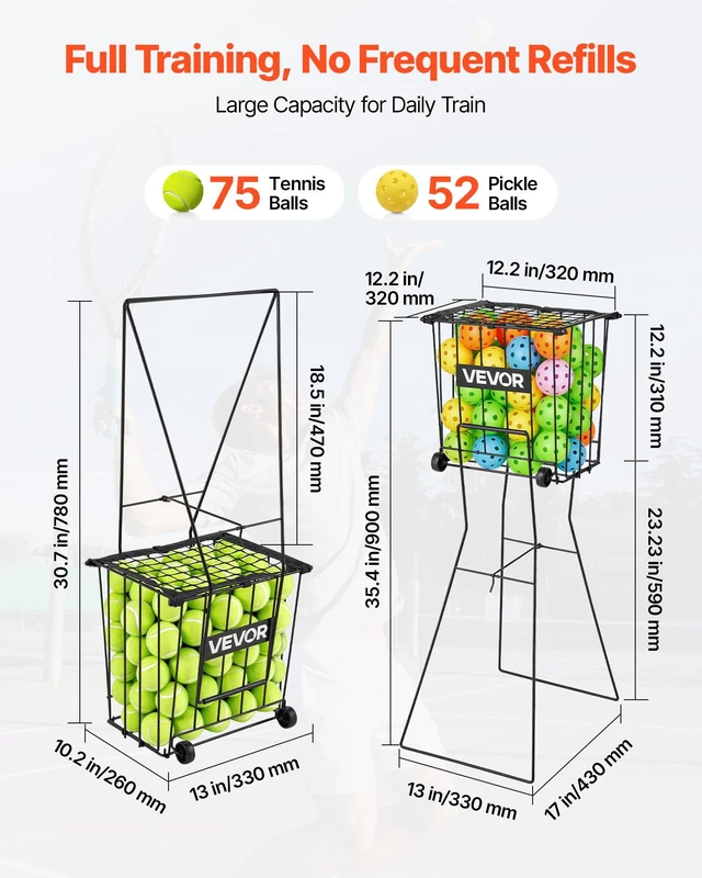 Alt view image 2 of 8 - VEVOR Tennis Ball Hopper, Holds 75 Tennis Balls, Pickleball Basket Cart with Wheels for Easy Pick Up, Portable Pickleball Caddy with Heavy-Duty Construction, Handle, for Training Carrying Storage