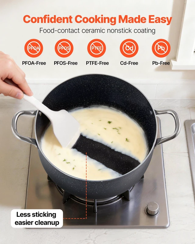 Alt view image 2 of 8 - VEVOR Aluminum Stock Pot, 12-Quart Nonstick Ceramic Coated Pot with Glass Lid, PFOA-Free, PFAS-Free, Compatible with Gas Stoves, Induction Cooktops, Electric Stoves, for Soups, Stews, and Pasta