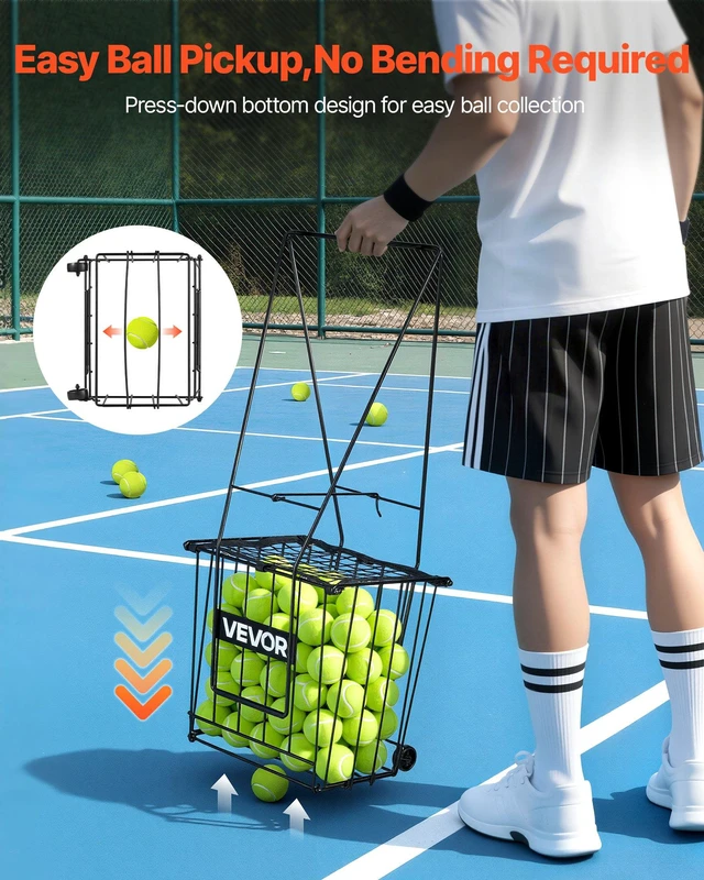Alt view image 3 of 8 - VEVOR Tennis Ball Hopper, Holds 75 Tennis Balls, Pickleball Basket Cart with Wheels for Easy Pick Up, Portable Pickleball Caddy with Heavy-Duty Construction, Handle, for Training Carrying Storage