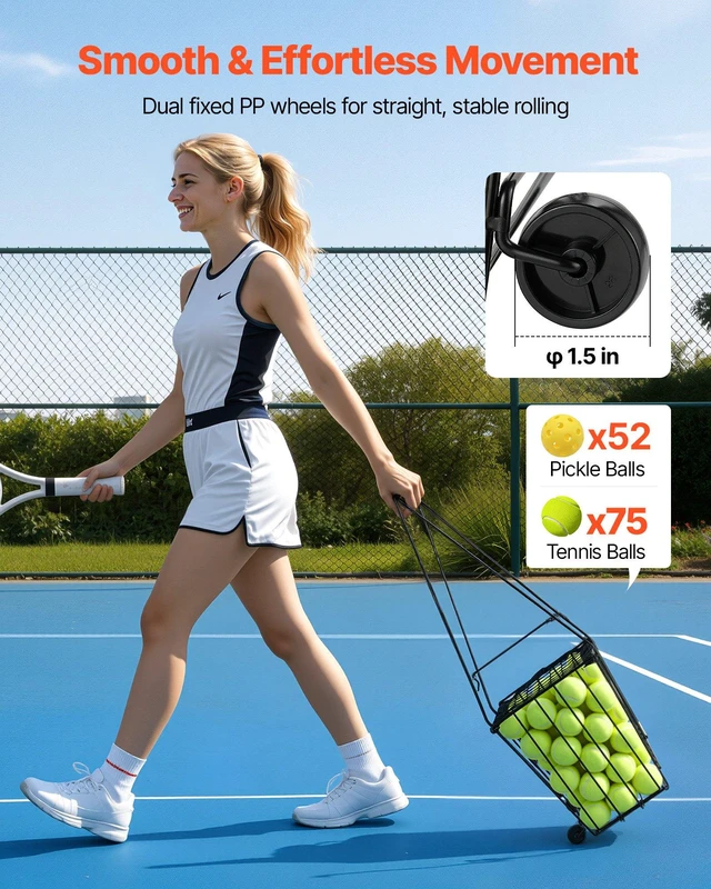 Alt view image 4 of 8 - VEVOR Tennis Ball Hopper, Holds 75 Tennis Balls, Pickleball Basket Cart with Wheels for Easy Pick Up, Portable Pickleball Caddy with Heavy-Duty Construction, Handle, for Training Carrying Storage