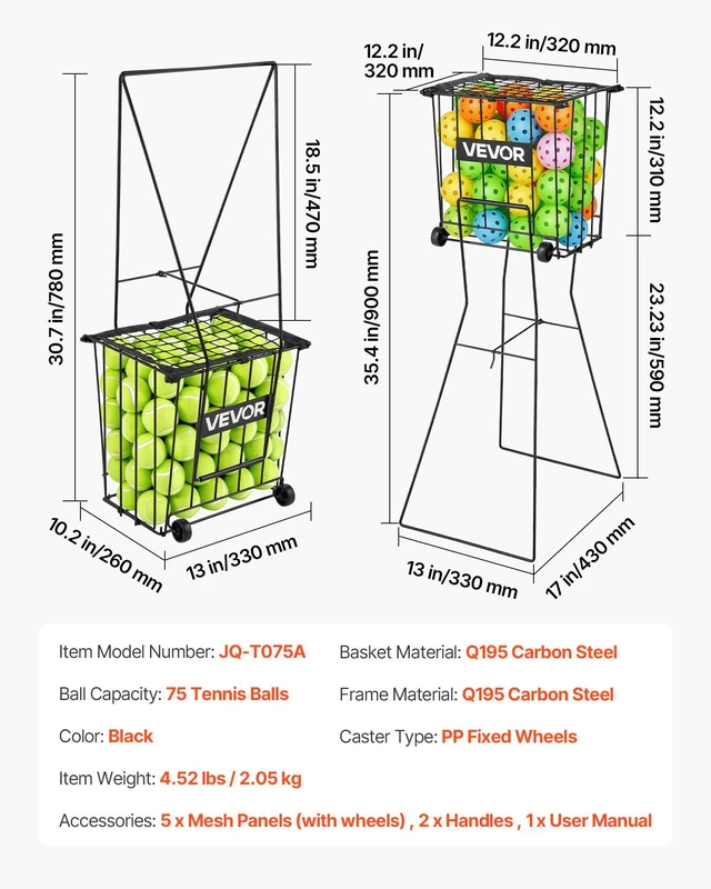 Alt view image 7 of 8 - VEVOR Tennis Ball Hopper, Holds 75 Tennis Balls, Pickleball Basket Cart with Wheels for Easy Pick Up, Portable Pickleball Caddy with Heavy-Duty Construction, Handle, for Training Carrying Storage
