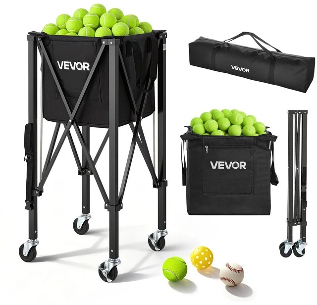 Main image of VEVOR Tennis Ball Hopper, Holds 150 Tennis Balls, Foldable Pickleball Basket Cart with Wheels for Easy Pick Up, Lightweight Aluminum Alloy, Portable Pickleball Caddy with Storage Bag, for Training