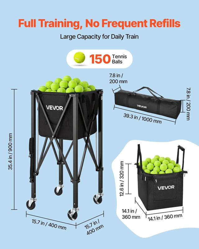 Alt view image 2 of 8 - VEVOR Tennis Ball Hopper, Holds 150 Tennis Balls, Foldable Pickleball Basket Cart with Wheels for Easy Pick Up, Lightweight Aluminum Alloy, Portable Pickleball Caddy with Storage Bag, for Training