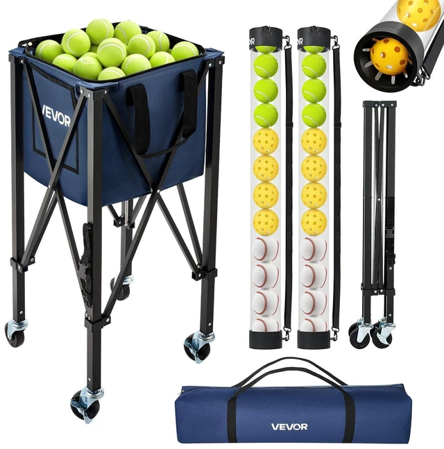 Main image of VEVOR 2-in-1 Tennis & Pickleball Hopper, with Pickup Tube, Foldable Pickleball Basket Cart with with Wheels, Holds 150 Tennis Balls or 260 Pickleballs, Portable Pickleball Caddy Holder, for Training