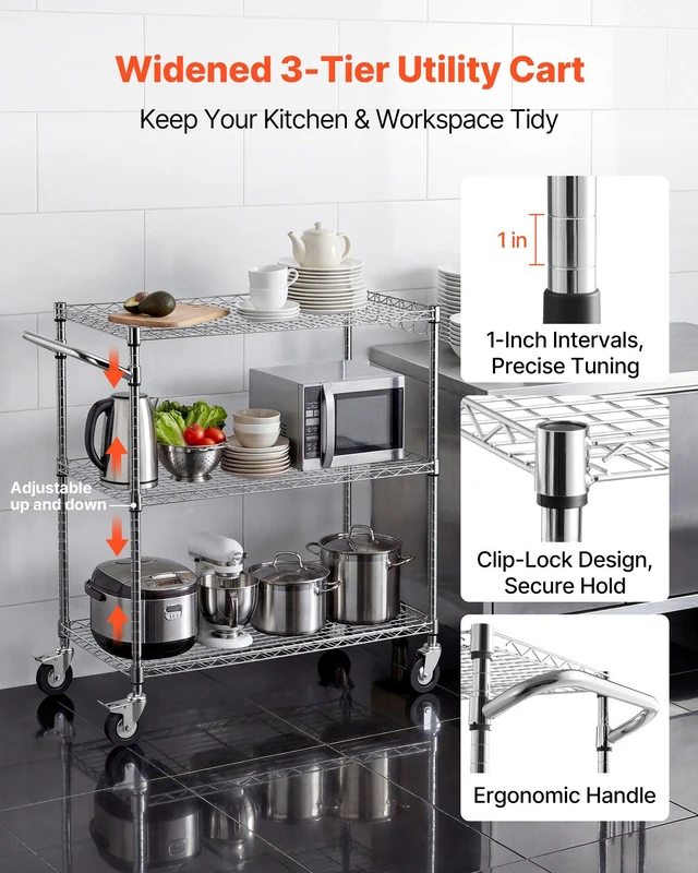 Alt view image 2 of 8 - VEVOR Kitchen Utility Cart, 3 Tier Heavy Duty Adjustable Wire Storage Rack, Commercial Steel Rolling Service Trolley on Wheels, Work Table with Handle Bar, for Garage and Laundry Room, 35x17.8x40.9 in