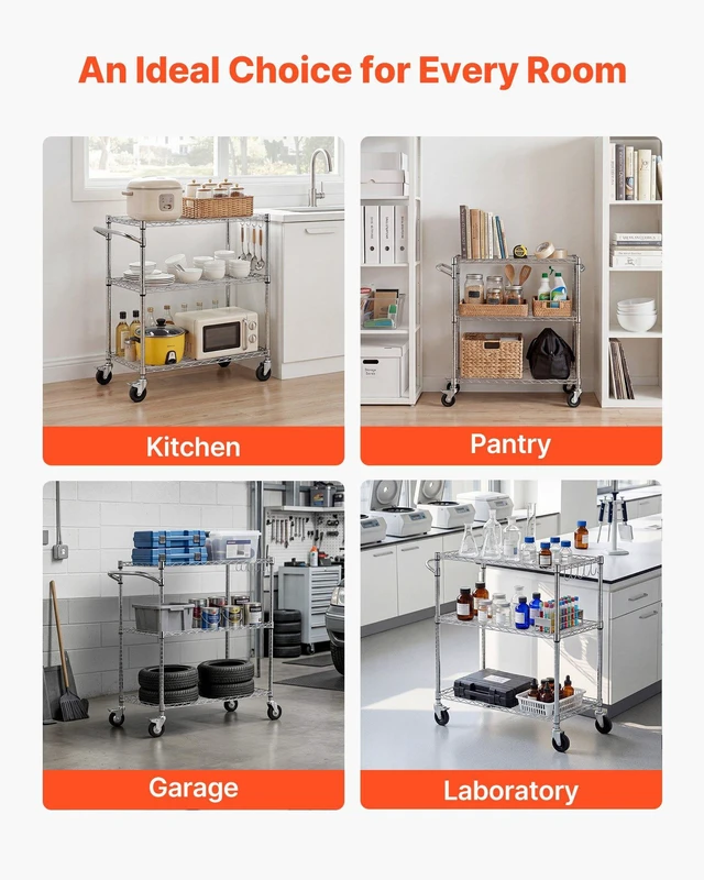 Alt view image 4 of 8 - VEVOR Kitchen Utility Cart, 3 Tier Heavy Duty Adjustable Wire Storage Rack, Commercial Steel Rolling Service Trolley on Wheels, Work Table with Handle Bar, for Garage and Laundry Room, 35x17.8x40.9 in