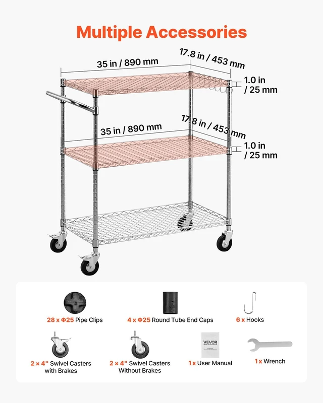 Alt view image 5 of 8 - VEVOR Kitchen Utility Cart, 3 Tier Heavy Duty Adjustable Wire Storage Rack, Commercial Steel Rolling Service Trolley on Wheels, Work Table with Handle Bar, for Garage and Laundry Room, 35x17.8x40.9 in