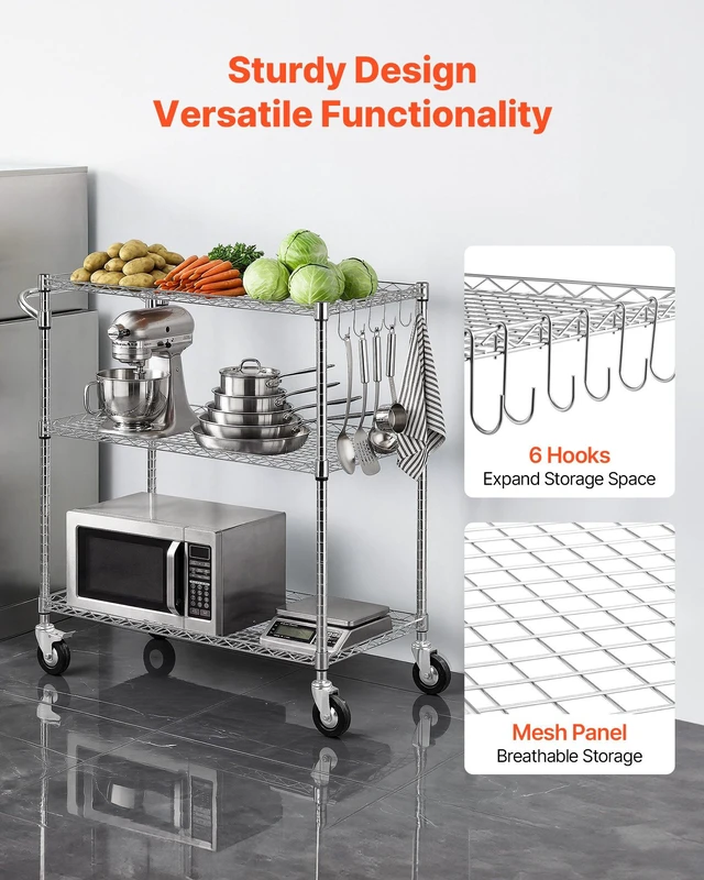 Alt view image 6 of 8 - VEVOR Kitchen Utility Cart, 3 Tier Heavy Duty Adjustable Wire Storage Rack, Commercial Steel Rolling Service Trolley on Wheels, Work Table with Handle Bar, for Garage and Laundry Room, 35x17.8x40.9 in