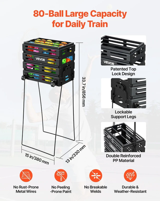 Alt view image 2 of 8 - VEVOR Tennis Ball Hopper, Holds 80 Tennis Balls, Pickleball Basket Cart with Wheels for Easy Pick Up, Portable Pickleball Collection Caddy with Heavy-Duty Construction, for Training Carrying Storage