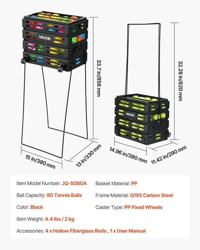 Alt view image 7 of 8 - VEVOR Tennis Ball Hopper, Holds 80 Tennis Balls, Pickleball Basket Cart with Wheels for Easy Pick Up, Portable Pickleball Collection Caddy with Heavy-Duty Construction, for Training Carrying Storage