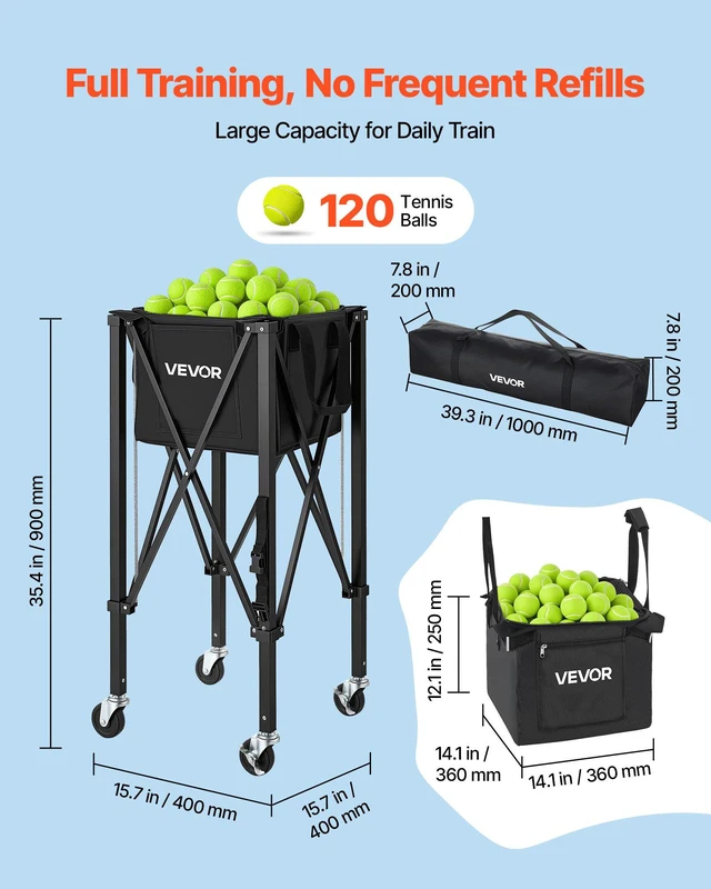 Alt view image 2 of 8 - VEVOR Tennis Ball Hopper, Holds 120 Tennis Balls, Foldable Pickleball Basket Cart with Wheels for Easy Pick Up, Lightweight Aluminum Alloy, Portable Pickleball Caddy with Storage Bag, for Training