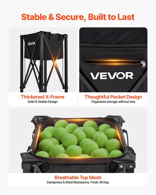 Alt view image 6 of 8 - VEVOR Tennis Ball Hopper, Holds 120 Tennis Balls, Foldable Pickleball Basket Cart with Wheels for Easy Pick Up, Lightweight Aluminum Alloy, Portable Pickleball Caddy with Storage Bag, for Training