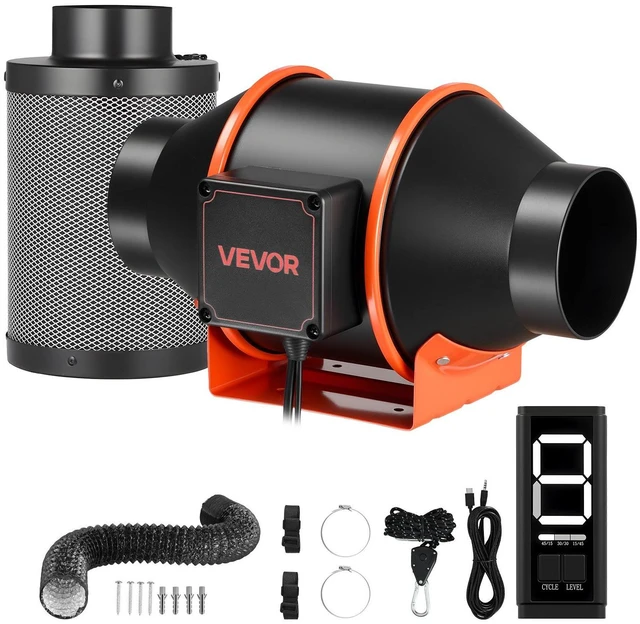 Main image of VEVOR Inline Duct Fan Kit with Carbon Filter, 205 CFM 4 inch EC Motor Ventilation Fan with 3-Speed Circulation, 10-Speed PWM Controller, Timer, Cooling for Grow Tents, Indoor Gardening, Hydroponics