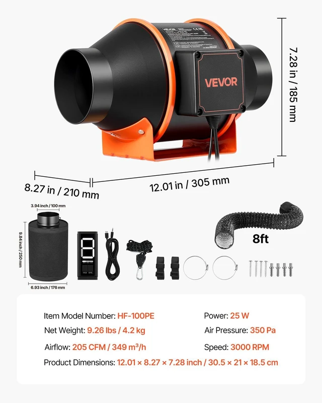 Alt view image 7 of 8 - VEVOR Inline Duct Fan Kit with Carbon Filter, 205 CFM 4 inch EC Motor Ventilation Fan with 3-Speed Circulation, 10-Speed PWM Controller, Timer, Cooling for Grow Tents, Indoor Gardening, Hydroponics
