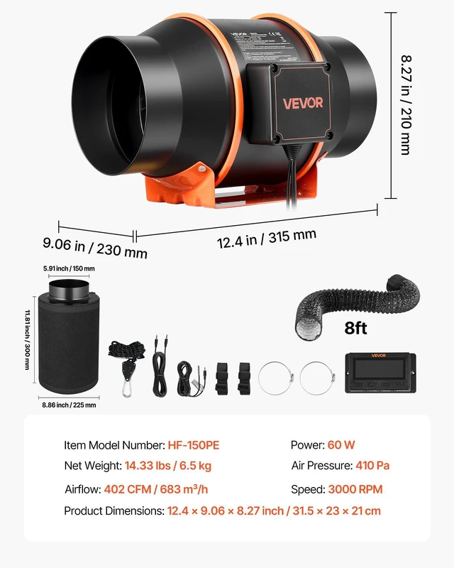 Alt view image 7 of 8 - VEVOR Inline Duct Fan Kit Carbon Filter, 402 CFM 6 inch EC Motor Exhaust Ventilation Fan with 10-Speed, PWM Controller, App Control, Timer, Cooling System for Grow Tent, Indoor Gardening, Hydroponics