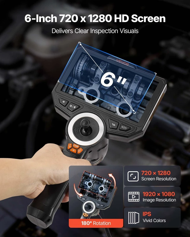 Alt view image 3 of 8 - VEVOR Articulating Endoscope with Light, 4-Way 360° Articulated Borescope Camera, 6" HD IPS Screen, 1920 x 1080 Lens, 8X Zoom, 7000mAh Battery, IP67 Waterproof for Auto, Plumbing (4.9FT Snake Cable)