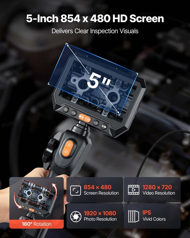 Alt view image 4 of 8 - VEVOR Articulating Borescope with 0.15" Ultra Slim Lens, Two-Way Articulated Endoscope with Light, 5" HD IPS Screen, 8X Zoom, 5000mAh Inspection Camera for Auto, Tight Mechanical Spaces (4.9FT Cable)