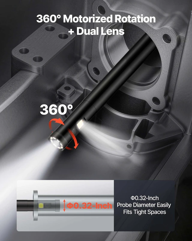 Alt view image 2 of 8 - VEVOR Endoscope with Light, 360° View Coverage Industrial Borescope Inspection Camera with Rotating Probe, 1080P HD Rigid Snake Scope Cam for Wall Automotive Engine Inspect-16.4FT