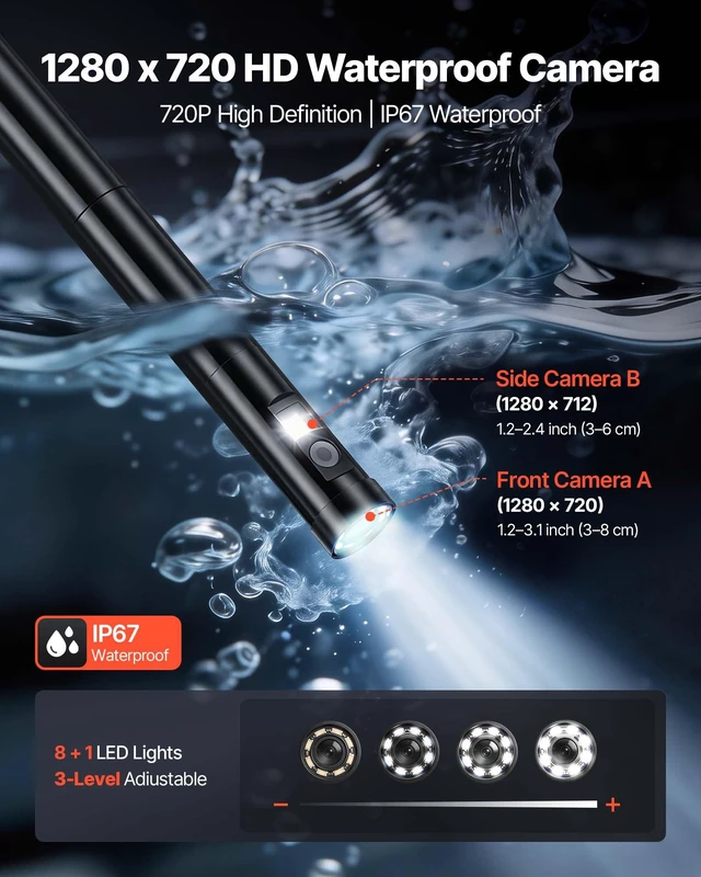 Alt view image 5 of 8 - VEVOR Endoscope with Light, 360° View Coverage Industrial Borescope Inspection Camera with Rotating Probe, 1080P HD Rigid Snake Scope Cam for Wall Automotive Engine Inspect-16.4FT