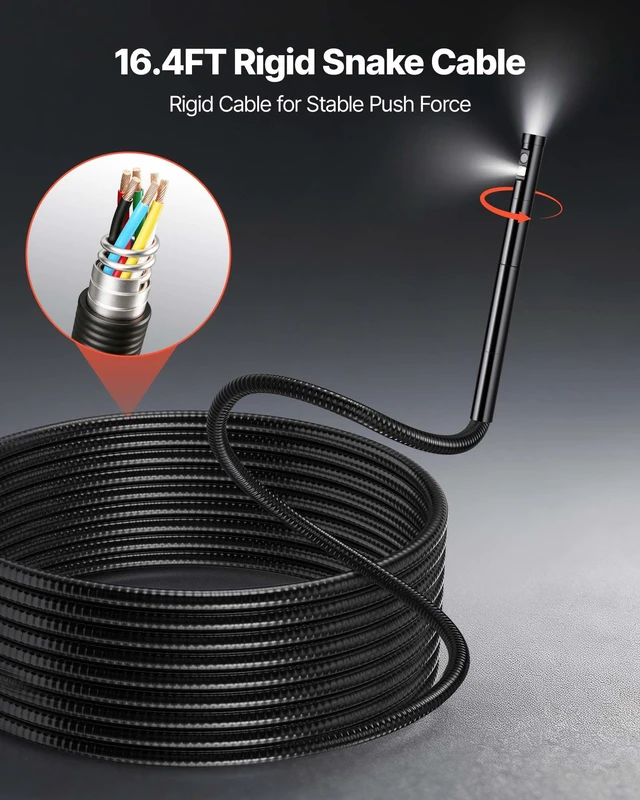 Alt view image 7 of 8 - VEVOR Endoscope with Light, 360° View Coverage Industrial Borescope Inspection Camera with Rotating Probe, 1080P HD Rigid Snake Scope Cam for Wall Automotive Engine Inspect-16.4FT