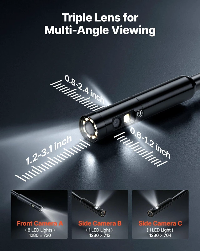 Alt view image 2 of 8 - VEVOR Triple Lens Endoscope with 32.8FT Newly Ultra-Rigid Cable, Industrial Borescope with Light, 5" HD IPS Screen, 8 + 2 Lights, 8X Zoom, 5000mAh, IP67 Waterproof Snake Camera for Auto, Plumbing