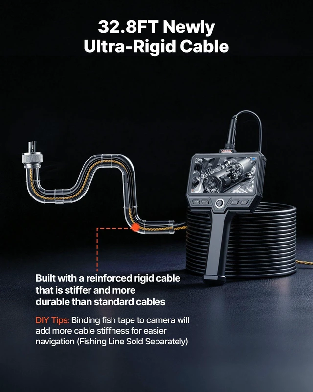 Alt view image 3 of 8 - VEVOR Triple Lens Endoscope with 32.8FT Newly Ultra-Rigid Cable, Industrial Borescope with Light, 5" HD IPS Screen, 8 + 2 Lights, 8X Zoom, 5000mAh, IP67 Waterproof Snake Camera for Auto, Plumbing