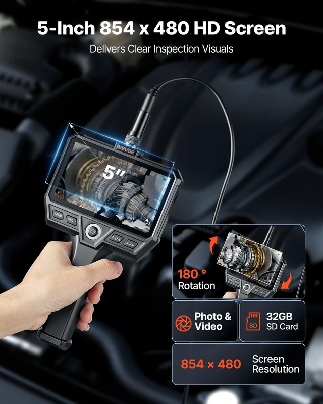 Alt view image 4 of 8 - VEVOR Triple Lens Endoscope with 32.8FT Newly Ultra-Rigid Cable, Industrial Borescope with Light, 5" HD IPS Screen, 8 + 2 Lights, 8X Zoom, 5000mAh, IP67 Waterproof Snake Camera for Auto, Plumbing