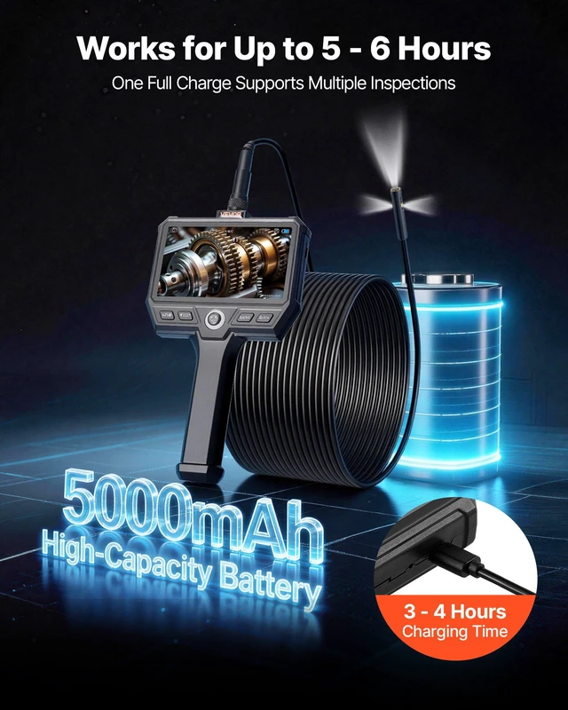 Alt view image 5 of 8 - VEVOR Triple Lens Endoscope with 32.8FT Newly Ultra-Rigid Cable, Industrial Borescope with Light, 5" HD IPS Screen, 8 + 2 Lights, 8X Zoom, 5000mAh, IP67 Waterproof Snake Camera for Auto, Plumbing