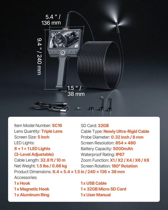 Alt view image 7 of 8 - VEVOR Triple Lens Endoscope with 32.8FT Newly Ultra-Rigid Cable, Industrial Borescope with Light, 5" HD IPS Screen, 8 + 2 Lights, 8X Zoom, 5000mAh, IP67 Waterproof Snake Camera for Auto, Plumbing