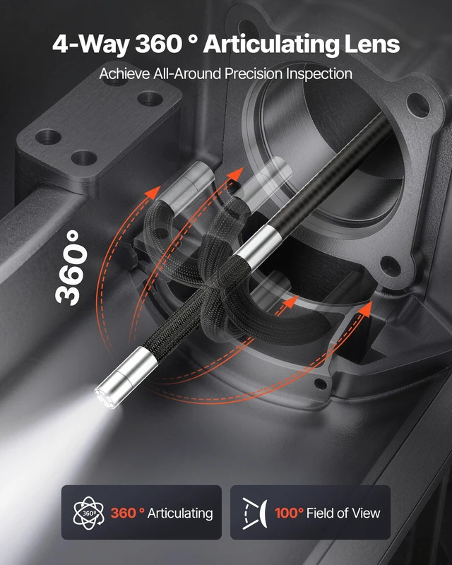 Alt view image 2 of 8 - VEVOR Articulating Endoscope with Light, 4-Way 360° Articulated Borescope Camera, 0.24" Slim Lens 1920 x 1080, 6" HD IPS Screen, 7000mAh Battery, IP67 Waterproof for Automotive & Mechanical Inspection