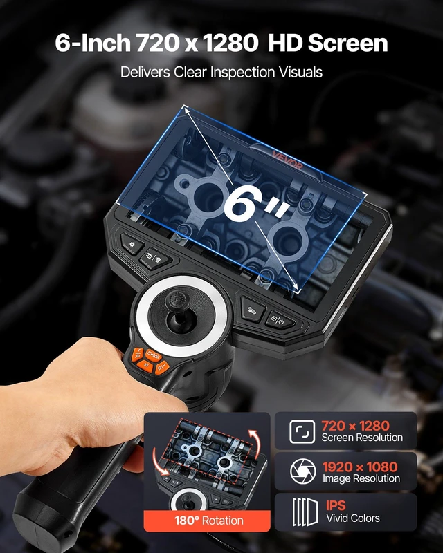 Alt view image 4 of 8 - VEVOR Articulating Endoscope with Light, 4-Way 360° Articulated Borescope Camera, 0.24" Slim Lens 1920 x 1080, 6" HD IPS Screen, 7000mAh Battery, IP67 Waterproof for Automotive & Mechanical Inspection