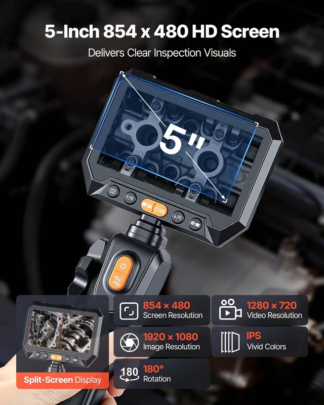Alt view image 4 of 8 - VEVOR 2-Way Dual-Lens Articulating Endoscope with Light, 1080P HD Industrial Borescope Inspection Camera with 0.24-inch Slim Articulated Probe, Rigid Snake Scope Cam for Wall Automotive Inspect-4.9FT