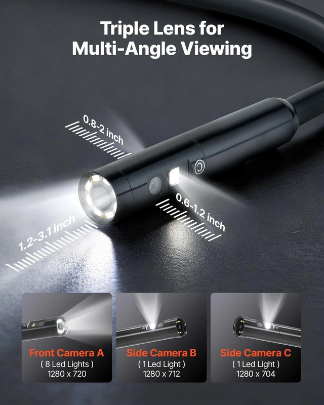 Alt view image 2 of 8 - VEVOR Triple Lens Endoscope with Light, 5" HD IPS Screen Industrial Borescope, 1280 x 720 Lens, 8 + 2 LEDs, 8X Zoom, IP67 Waterproof Inspection Snake Camera for Auto, Plumbing (16.4FT Rigid Cable)