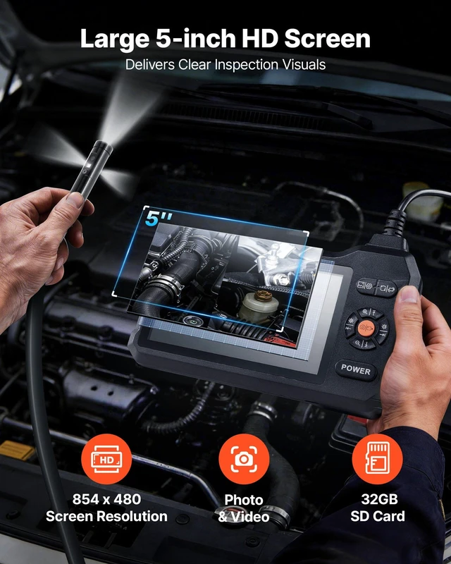 Alt view image 3 of 8 - VEVOR Triple Lens Endoscope with Light, 5" HD IPS Screen Industrial Borescope, 1280 x 720 Lens, 8 + 2 LEDs, 8X Zoom, IP67 Waterproof Inspection Snake Camera for Auto, Plumbing (16.4FT Rigid Cable)