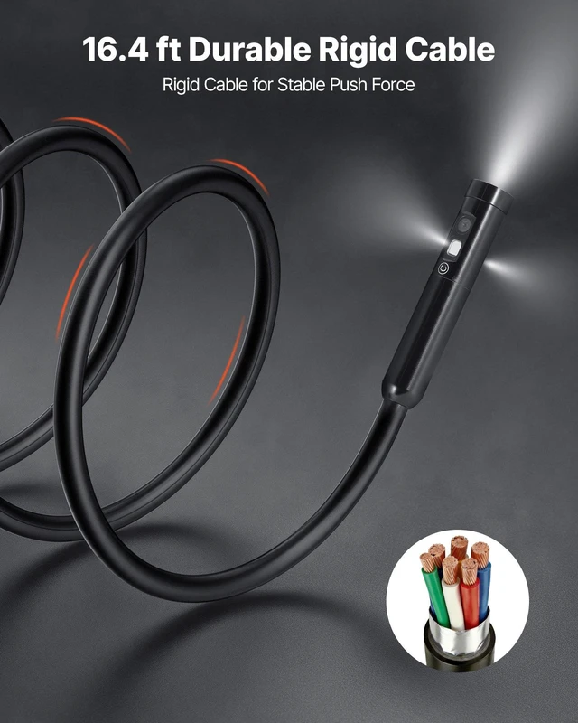 Alt view image 5 of 8 - VEVOR Triple Lens Endoscope with Light, 5" HD IPS Screen Industrial Borescope, 1280 x 720 Lens, 8 + 2 LEDs, 8X Zoom, IP67 Waterproof Inspection Snake Camera for Auto, Plumbing (16.4FT Rigid Cable)