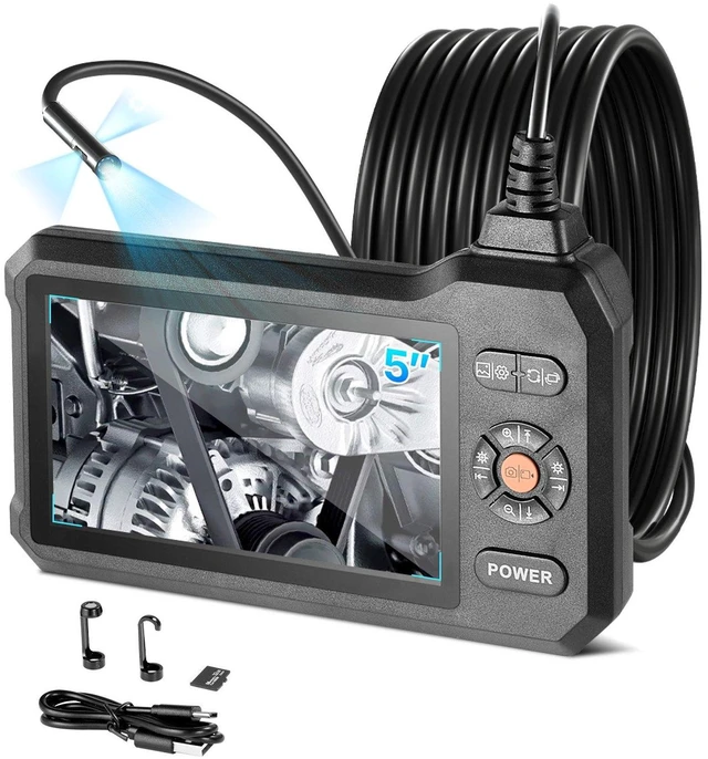 Main image of VEVOR Triple Lens Endoscope with Light, 5" HD IPS Screen Industrial Borescope, 1280 x 720 Lens, 8 + 2 LEDs, 8X Zoom, IP67 Waterproof Inspection Snake Camera for Auto, Plumbing (16.4FT Rigid Cable)