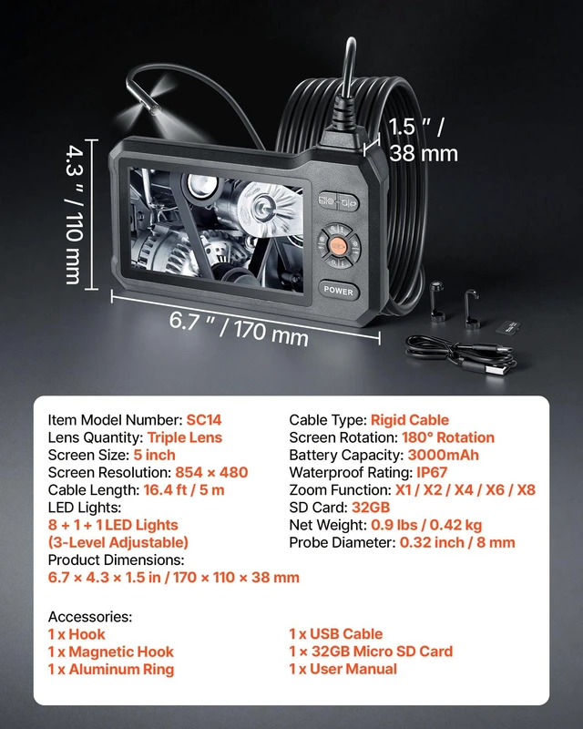 Alt view image 7 of 8 - VEVOR Triple Lens Endoscope with Light, 5" HD IPS Screen Industrial Borescope, 1280 x 720 Lens, 8 + 2 LEDs, 8X Zoom, IP67 Waterproof Inspection Snake Camera for Auto, Plumbing (16.4FT Rigid Cable)