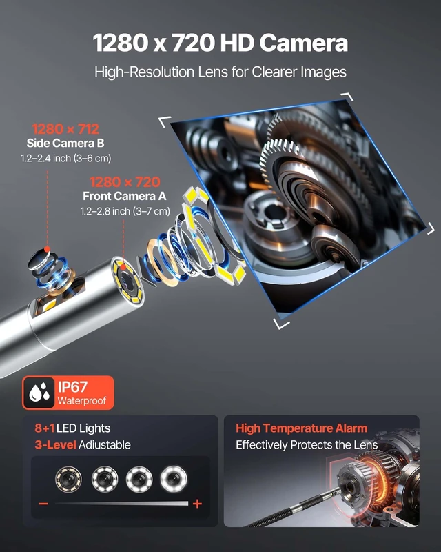 Alt view image 4 of 8 - VEVOR 2-Way Dual-Lens Articulating Endoscope with Light, 1080P HD Industrial Borescope Inspection Camera with Articulated Probe, Rigid Snake Scope Cam for Wall Automotive Engine Inspect-4.9FT