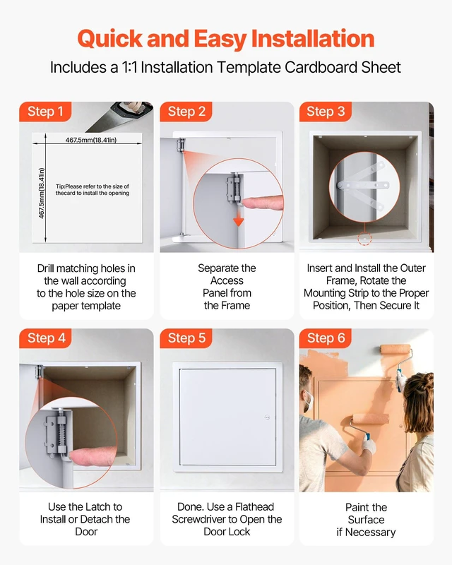 Alt view image 6 of 8 - VEVOR Access Panel for Drywall, 19.2 x 19.2 in Galvanized Steel Access Door, Easy Install Hinged Service Panel with Screwdriver Latch, for Ceiling Plumbing Electrical, 18.4 x 18.4 in Cutout Size White