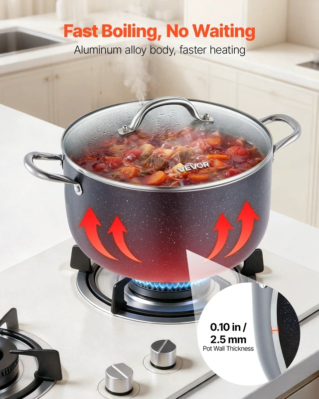 Alt view image 3 of 8 - VEVOR Aluminum Stock Pot, 12-Quart Nonstick Ceramic Coated Pot with Glass Lid, PFOA-Free, PFAS-Free, Compatible with Gas Stoves, Induction Cooktops, Electric Stoves, for Soups, Stews, and Pasta