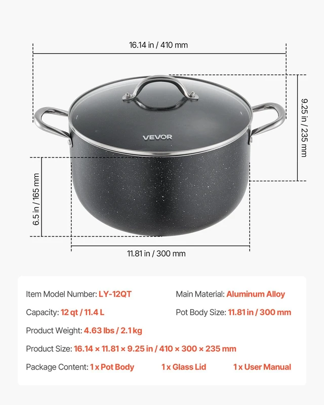 Alt view image 7 of 8 - VEVOR Aluminum Stock Pot, 12-Quart Nonstick Ceramic Coated Pot with Glass Lid, PFOA-Free, PFAS-Free, Compatible with Gas Stoves, Induction Cooktops, Electric Stoves, for Soups, Stews, and Pasta