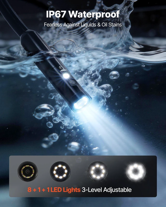 Alt view image 6 of 8 - VEVOR Triple Lens Endoscope with Light, 5" HD IPS Screen Industrial Borescope, 1280 x 720 Lens, 8 + 2 LEDs, 8X Zoom, IP67 Waterproof Inspection Snake Camera for Auto, Plumbing (16.4FT Rigid Cable)